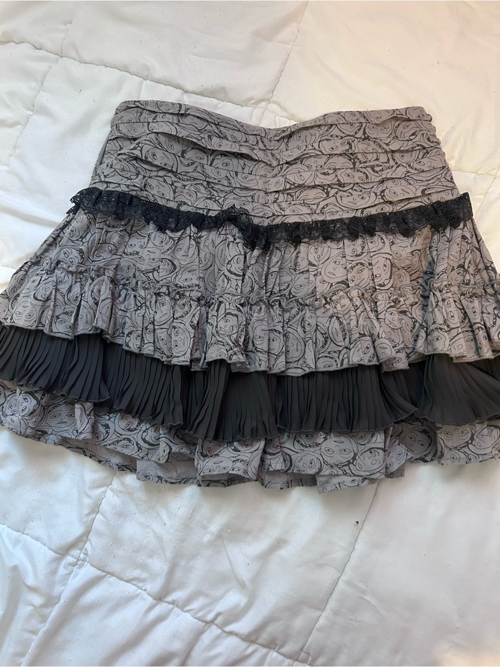 Cecico Gray Tiered Ruffle Skirt with Black Lace Accent